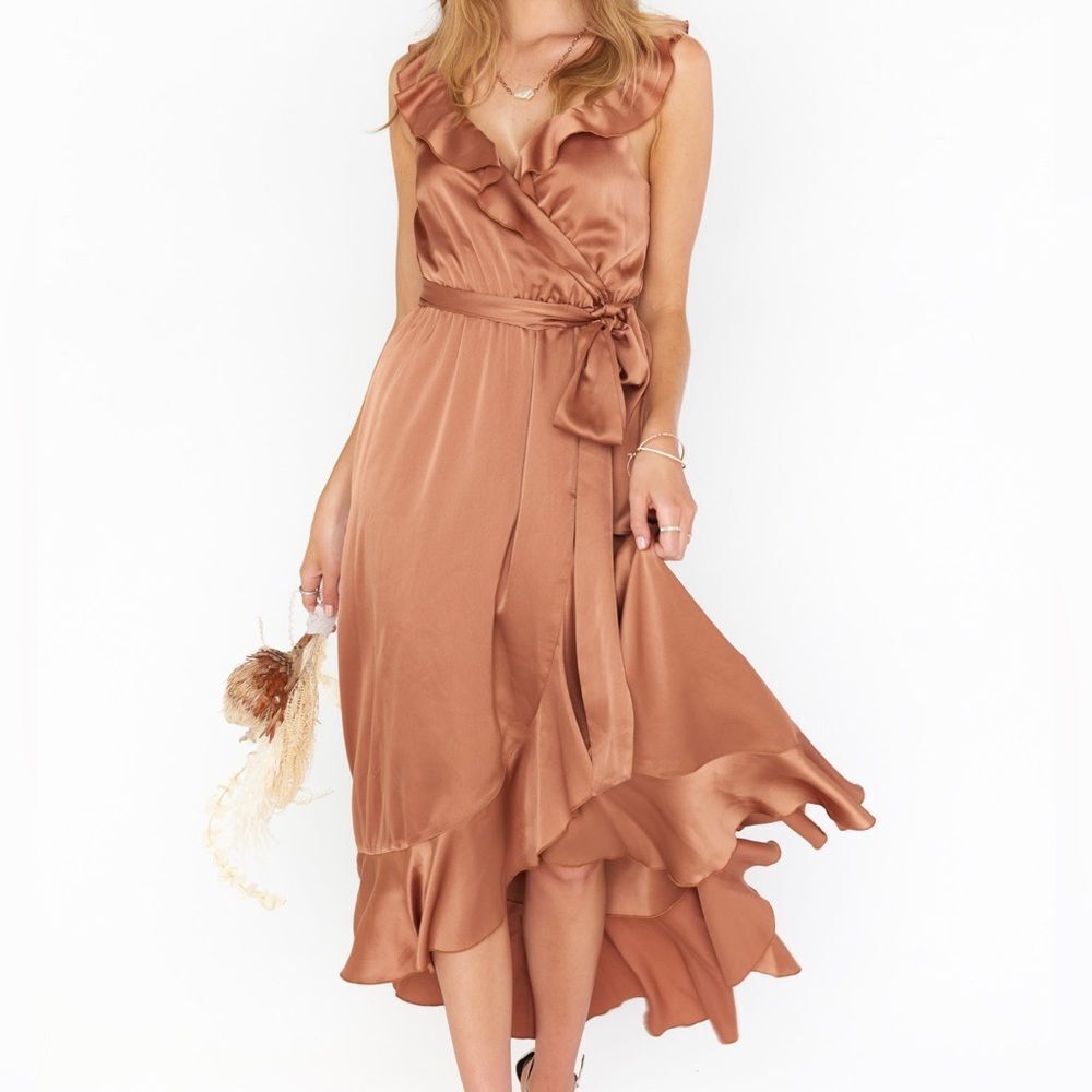 Show Me Your Mumu Rose Gold Samantha Ruffle Wrap Dress Size Medium MISSING SASH